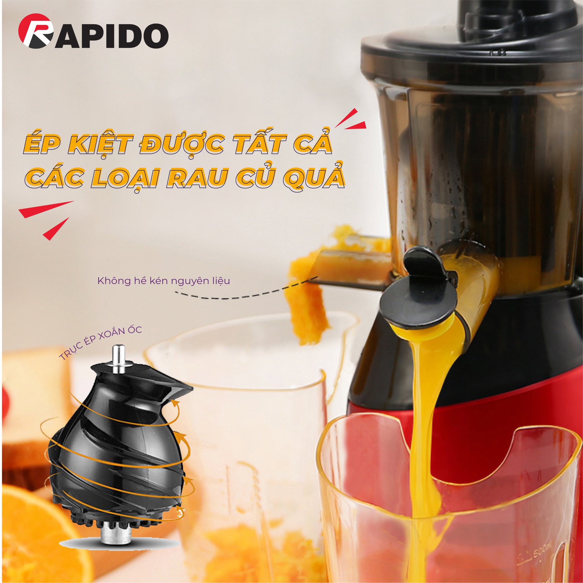 Máy ép chậm Rapido RSJ150 có thể ép kiệt được nhiều loại rau củ quả mà các máy ép khác khó có thể làm được.,