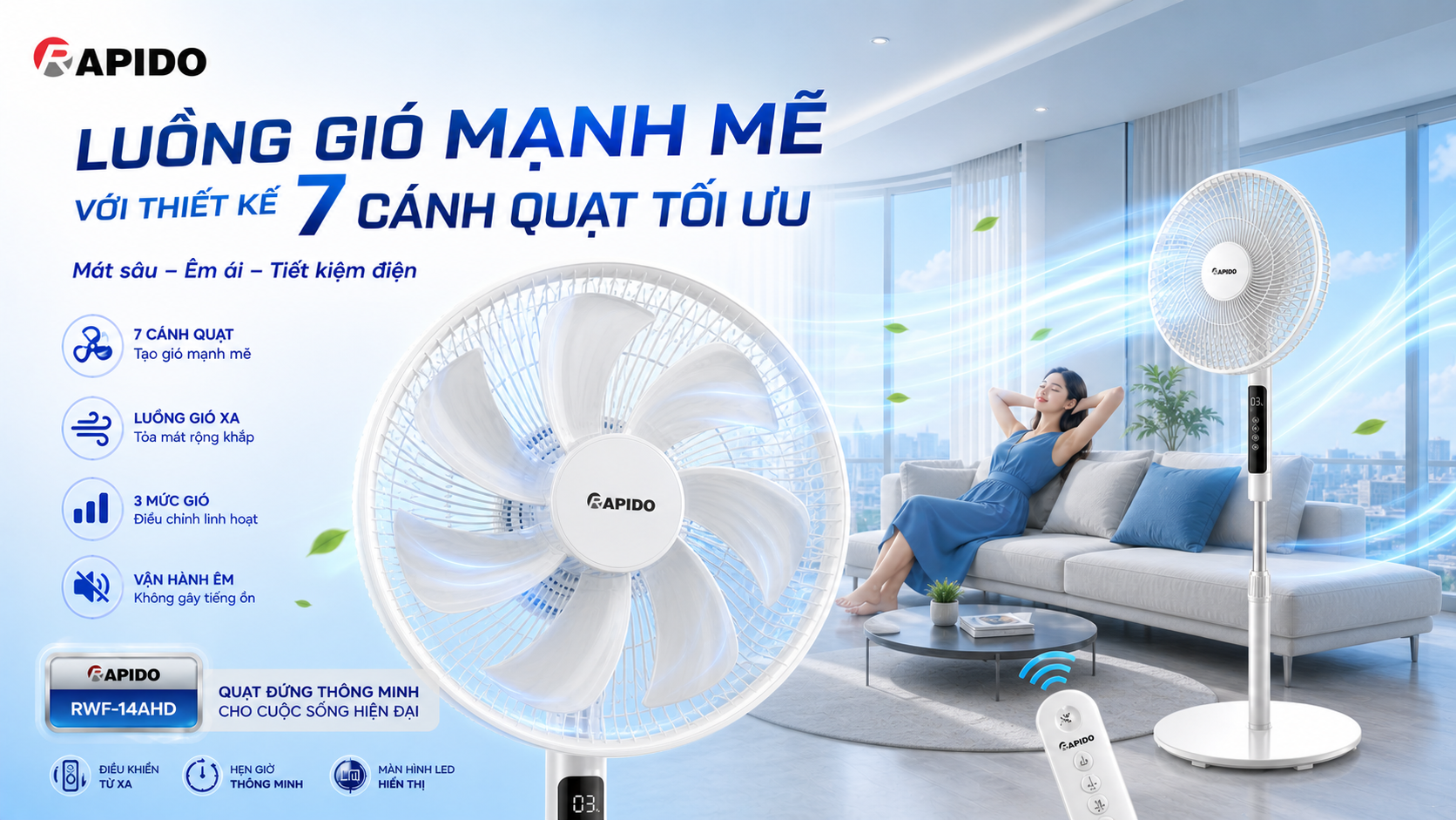 Quạt đứng Rapido RWF-14AHD có thiết kế 7 cánh quạt
