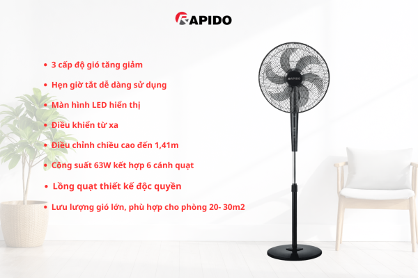 3 cap do gio tang giam Hen gio tat de dang su dung Man hinh LED hien thi Dieu khien tu xa Dieu chinh chieu cao den 141m Cong suat 63W ket hop 6 canh quat Long quat thiet ke d
