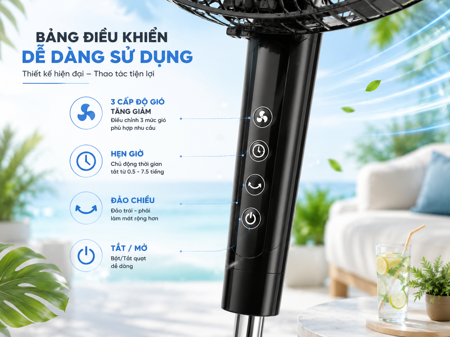 Quạt đứng điều khiển từ xa Rapido RWF 50PBD thiết kế hiện đại.
