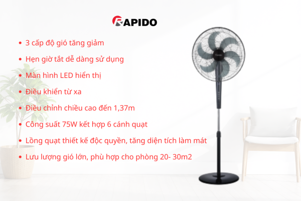 Quạt đứng Rapido RWF 50PBD 13 3 cap do gio tang giam Hen gio tat de dang su dung Man hinh LED hien thi Dieu khien tu xa Dieu chinh chieu cao den 139m Cong suat 75W ket hop 6 canh quat Luu luong gio lon 1