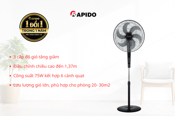 3 cap do gio tang giam Hen gio tat de dang su dung Man hinh LED hien thi Dieu khien tu xa Dieu chinh chieu cao den 139m Cong suat 75W ket hop 6 canh quat Luu luong gio lon 2
