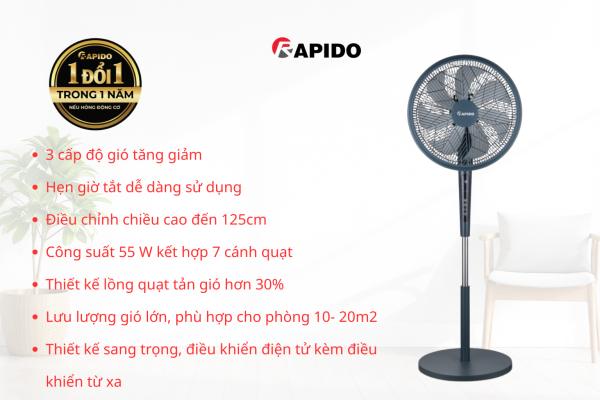 3 cap do gio tang giam Hen gio tat de dang su dung Man hinh LED hien thi Dieu khien tu xa Dieu chinh chieu cao den 139m Cong suat 75W ket hop 6 canh quat Luu luong gio lon 5