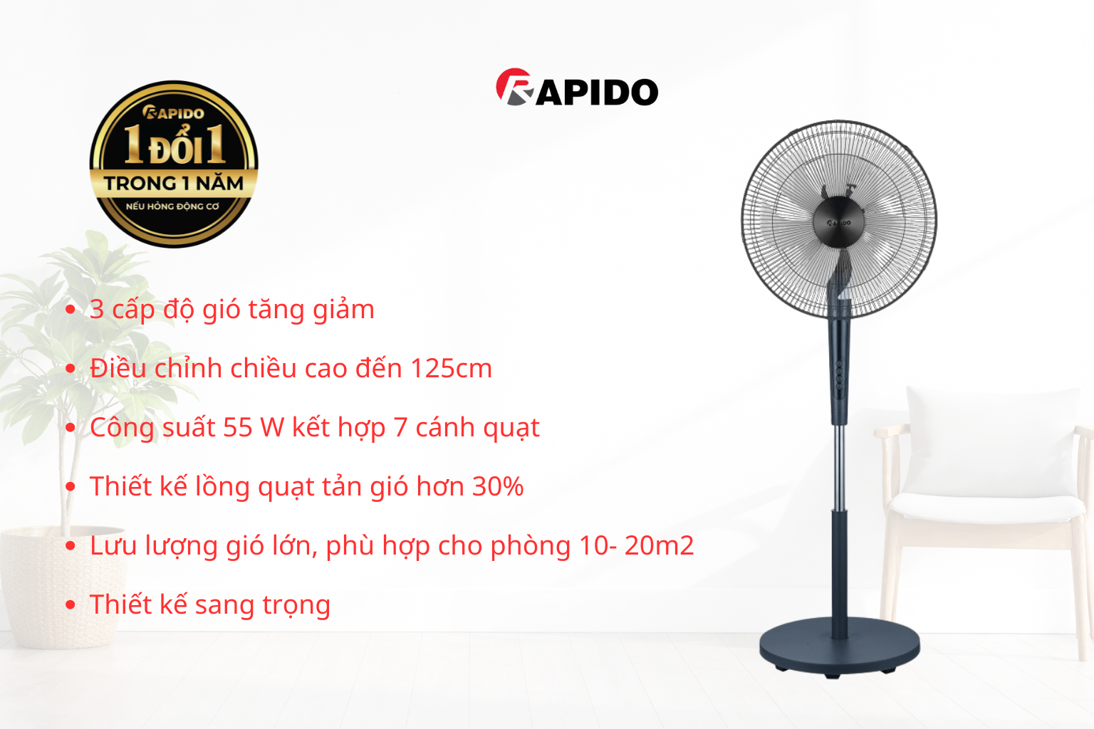 3 cấp độ gió tăng giảm Hẹn giờ tắt dễ dàng sử dụng Màn hình LED hiển thị Điều khiển từ xa Điều chỉnh chiều cao đến 1,39m Công suất 75W kết hợp 6 cánh quạt Lưu lượng gió lớn, (6) 3 cap do gio tang giam Hen gio tat de dang su dung Man hinh LED hien thi Dieu khien tu xa Dieu chinh chieu cao den 139m Cong suat 75W ket hop 6 canh quat Luu luong gio lon 6