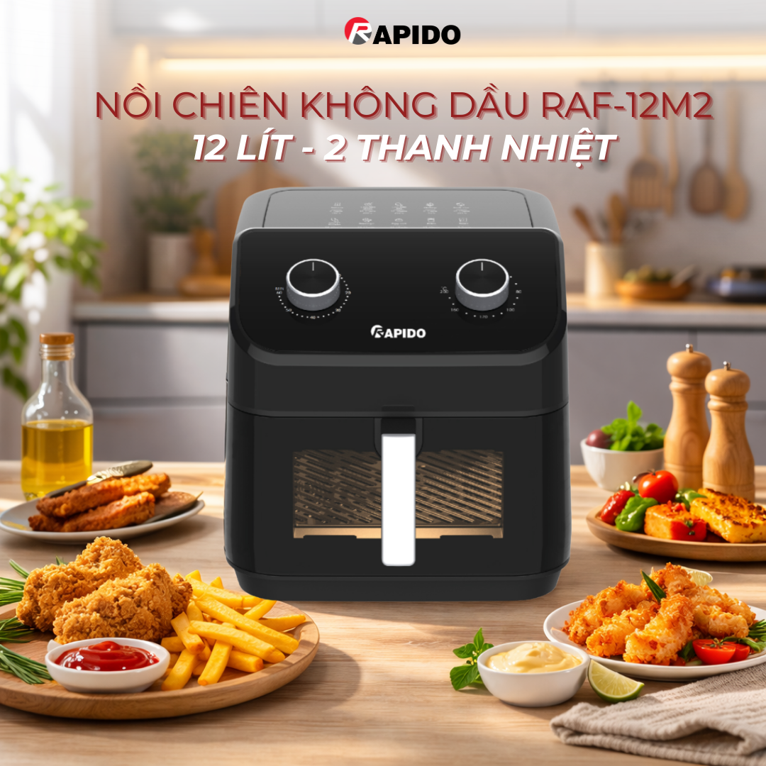Nồi chiên không dầu hai thanh nhiệt 12 lít điều khiển cơ Rapido RAF 12M2 Nồi chiên không dầu hai thanh nhiệt 12 lít điều khiển cơ Rapido RAF 12M2