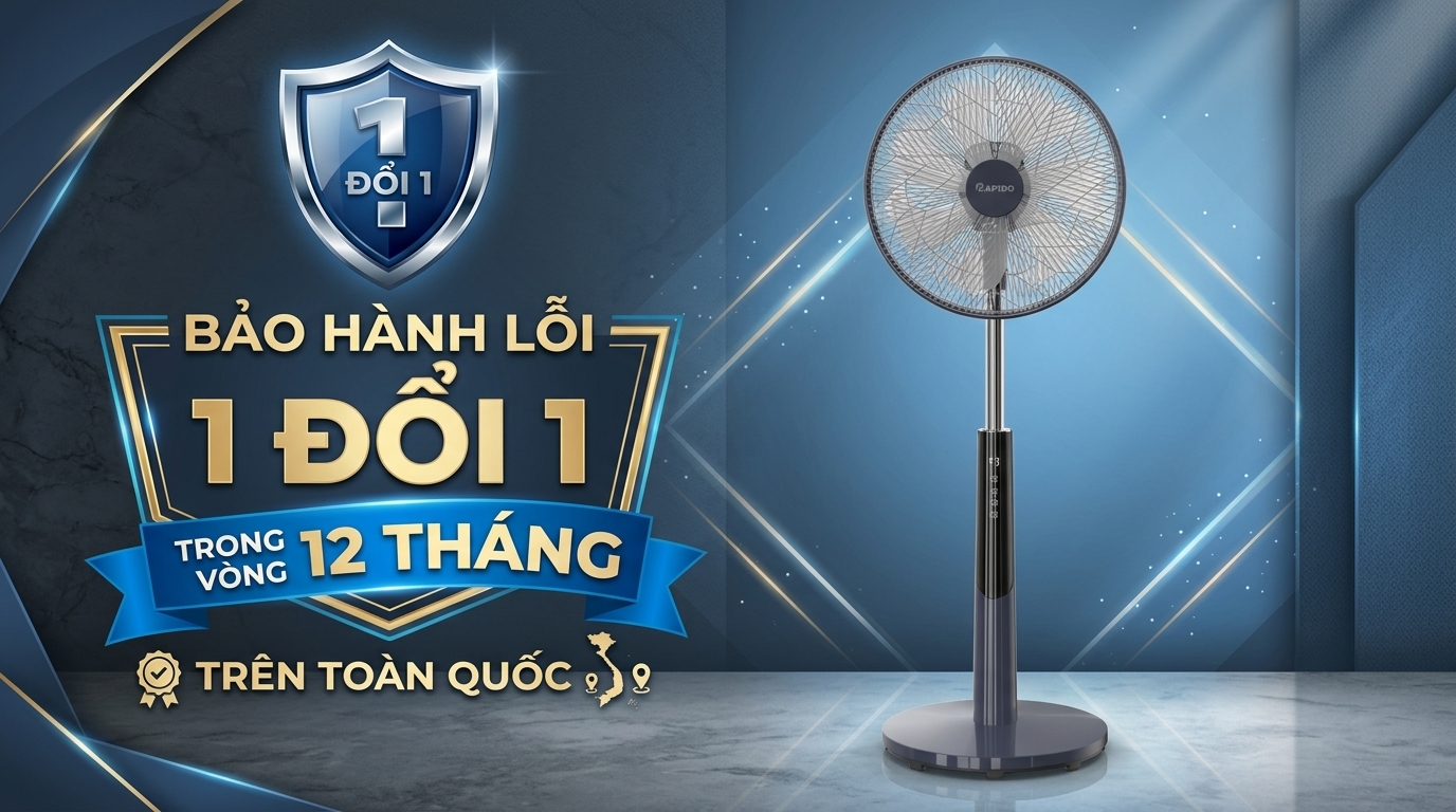 Quạt đứng Rapido bảo hành lỗi 1 đổi 1 trong vòng 12 tháng