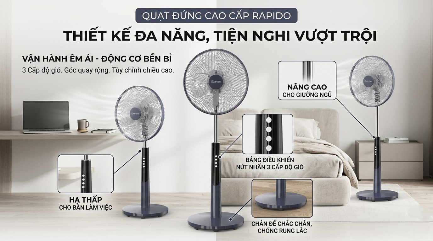 Quạt Đứng Rapido RWF-50SBM-1 21 Quạt Đứng Rapido RWF-50SBM-1 được trang bị nhiều tiện ích sử dụng
