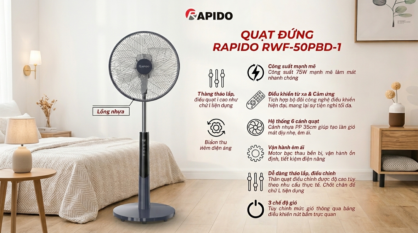 Quạt Đứng Rapido RWF-50PBD-1 Điều Khiển Từ Xa