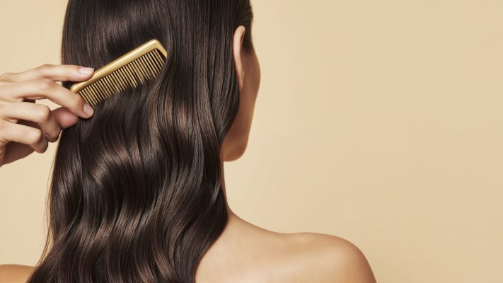 woman combing her beautiful brown hair