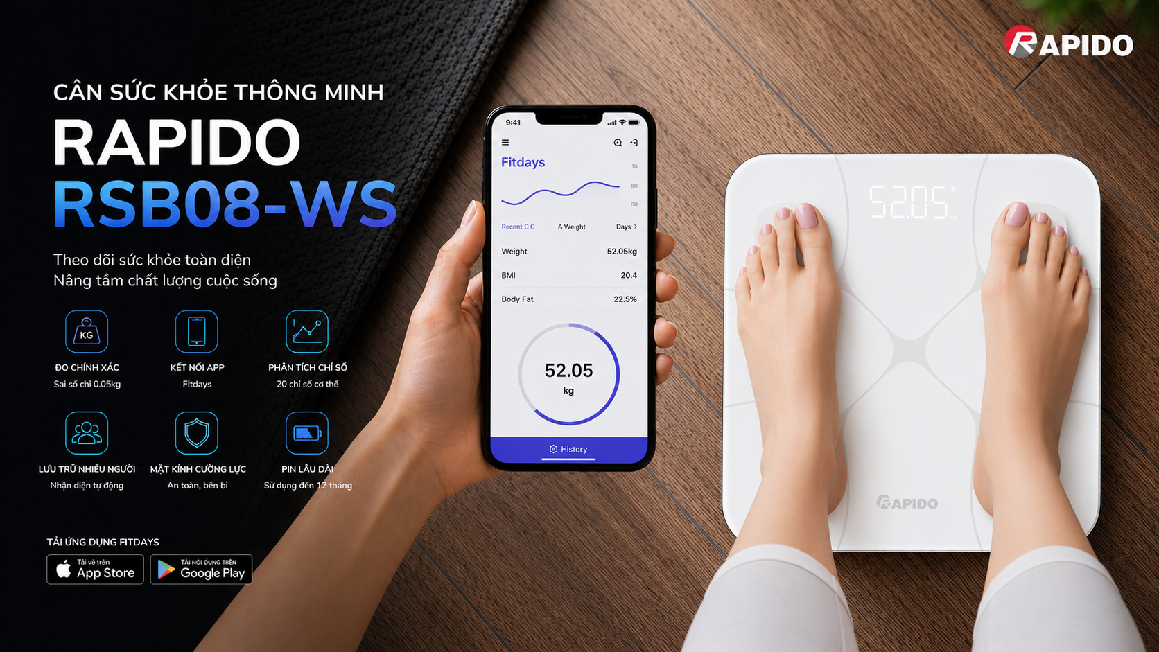Cân sức khỏe phân tích chỉ số - loại vuông, bluetooth RSB08-WS 7 cd1b9443 19c3 44dd a6d6 343b785f4705