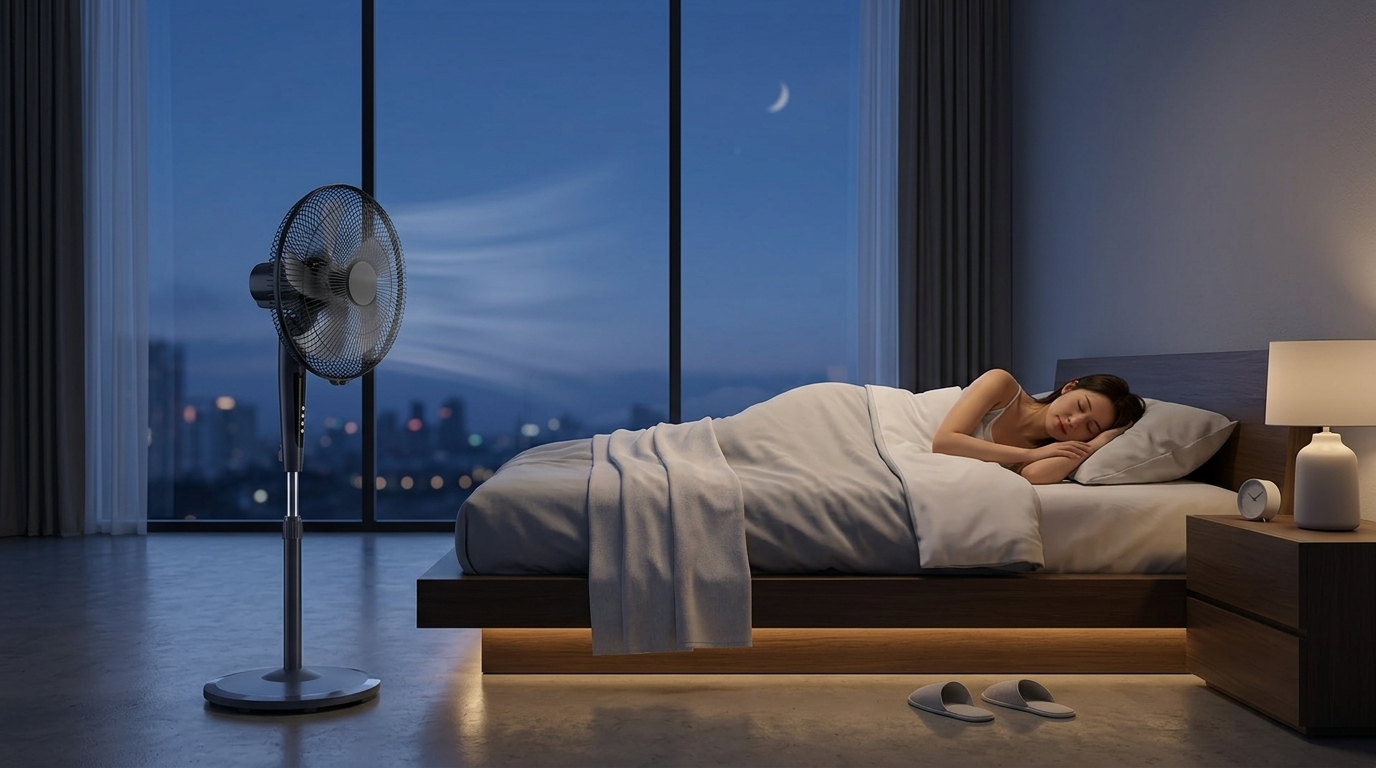 Top 7 quạt cây chạy êm, đáng mua nhất 2026 4 Asian person sleeping on bed 202605311342