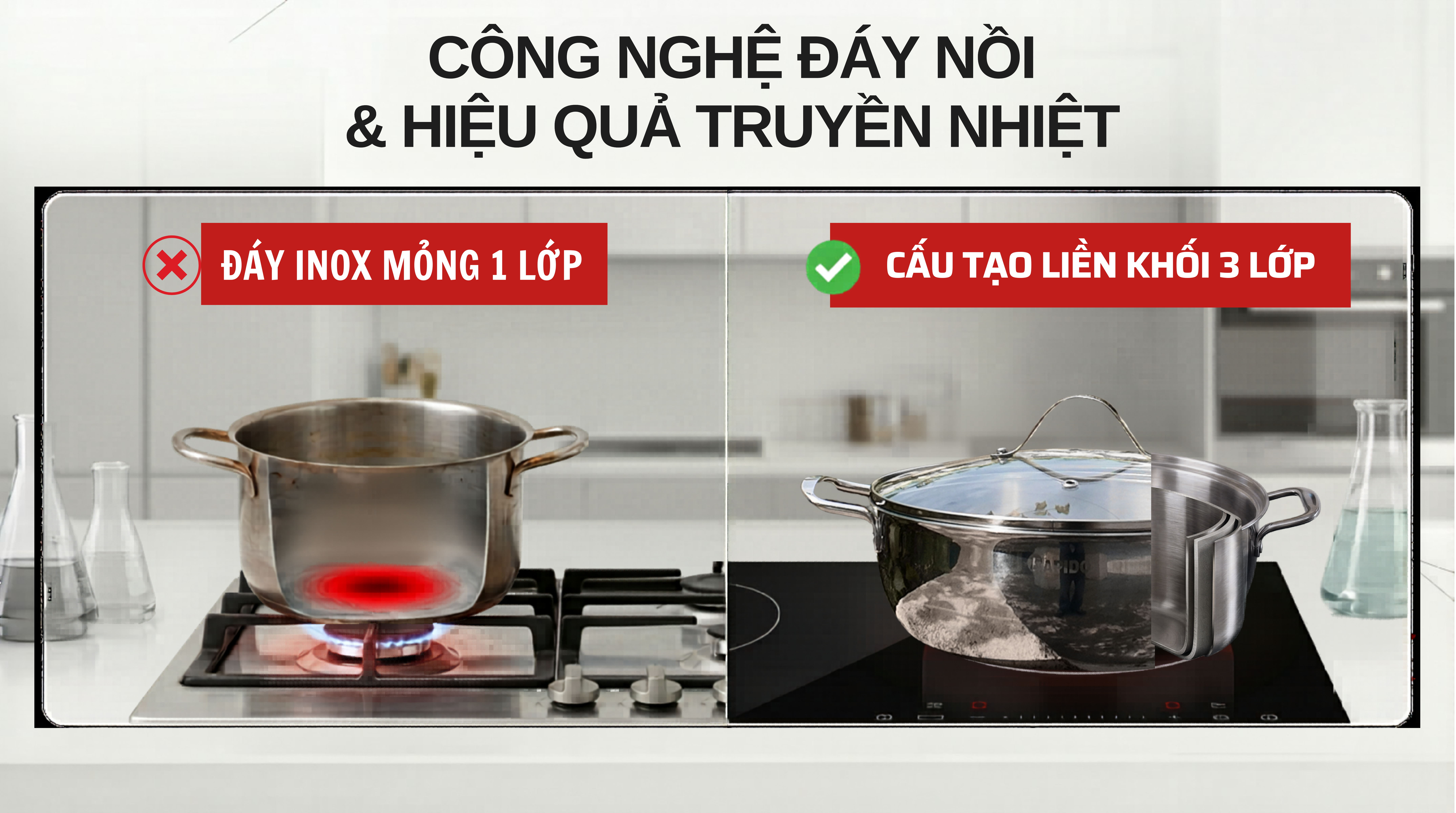 5 sự thật về nồi xịn vs nồi rẻ tiền: Nồi inox 304 cấu tạo liền khối khác biệt thế nào? 3 Công nghệ đáy nồi & hiệu quả truyền nhiệt