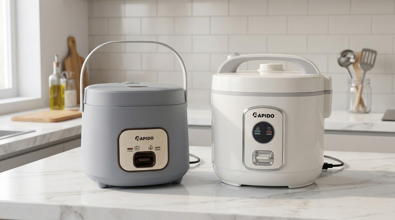 Nên mua nồi cơm điện inox hay chống dính? So sánh chi tiết 6 Gray and white rice cookers 202605312212