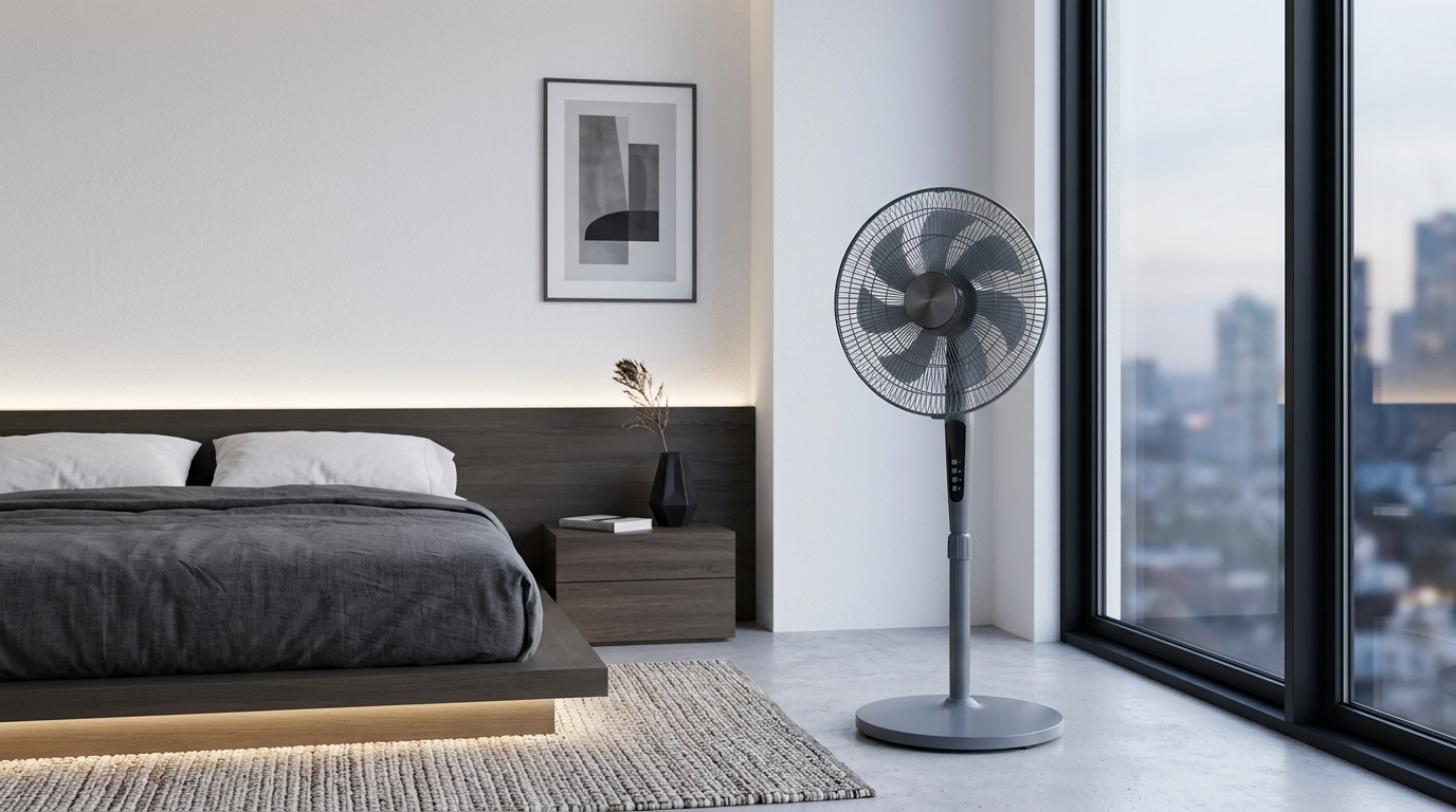 Top 7 quạt cây chạy êm, đáng mua nhất 2026 3 Gray pedestal fan in bedroom 202605311338