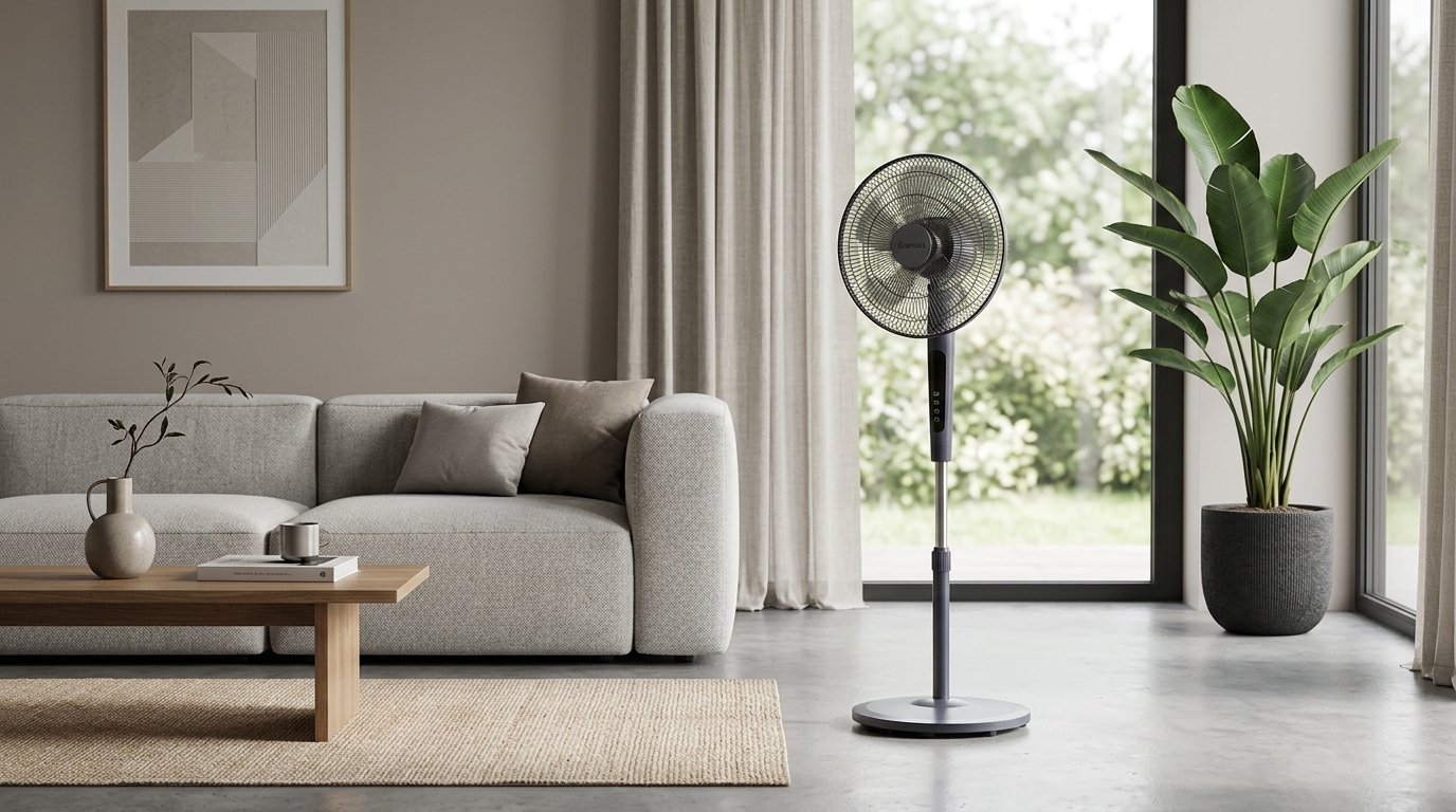 Top 7 quạt cây chạy êm, đáng mua nhất 2026 5 Gray standing fan in living 202605311344