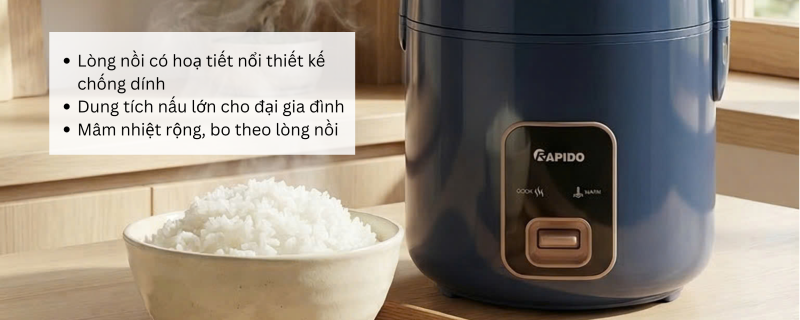 Nồi cơm điện lòng nhôm chống dính 3Lít Rapido RC-3.0M 8 Nồi cơm điện cơ Rapido RC-3.0M