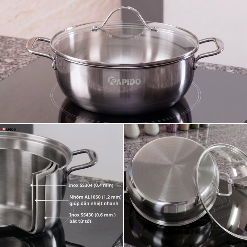 5 sự thật về nồi xịn vs nồi rẻ tiền: Nồi inox 304 cấu tạo liền khối khác biệt thế nào? 1 Nồi inox size 26