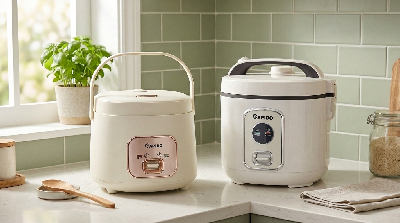 Nên mua nồi cơm điện inox hay chống dính? So sánh chi tiết 5 Two rice cookers on countertop 202605312207