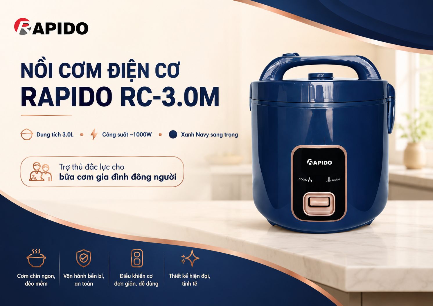 Nồi cơm điện lòng nhôm chống dính 3Lít Rapido RC-3.0M 12 Nồi cơm điện lòng nhôm