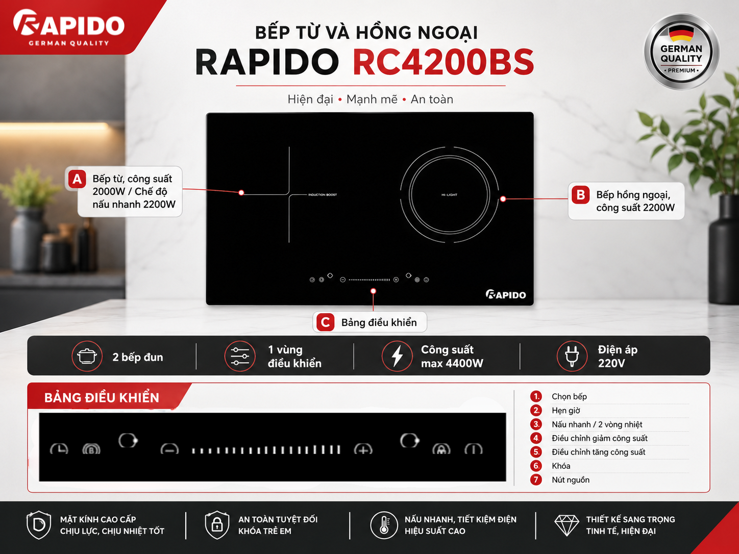 Bếp đôi điện từ hồng ngoại Rapido RC4200BS