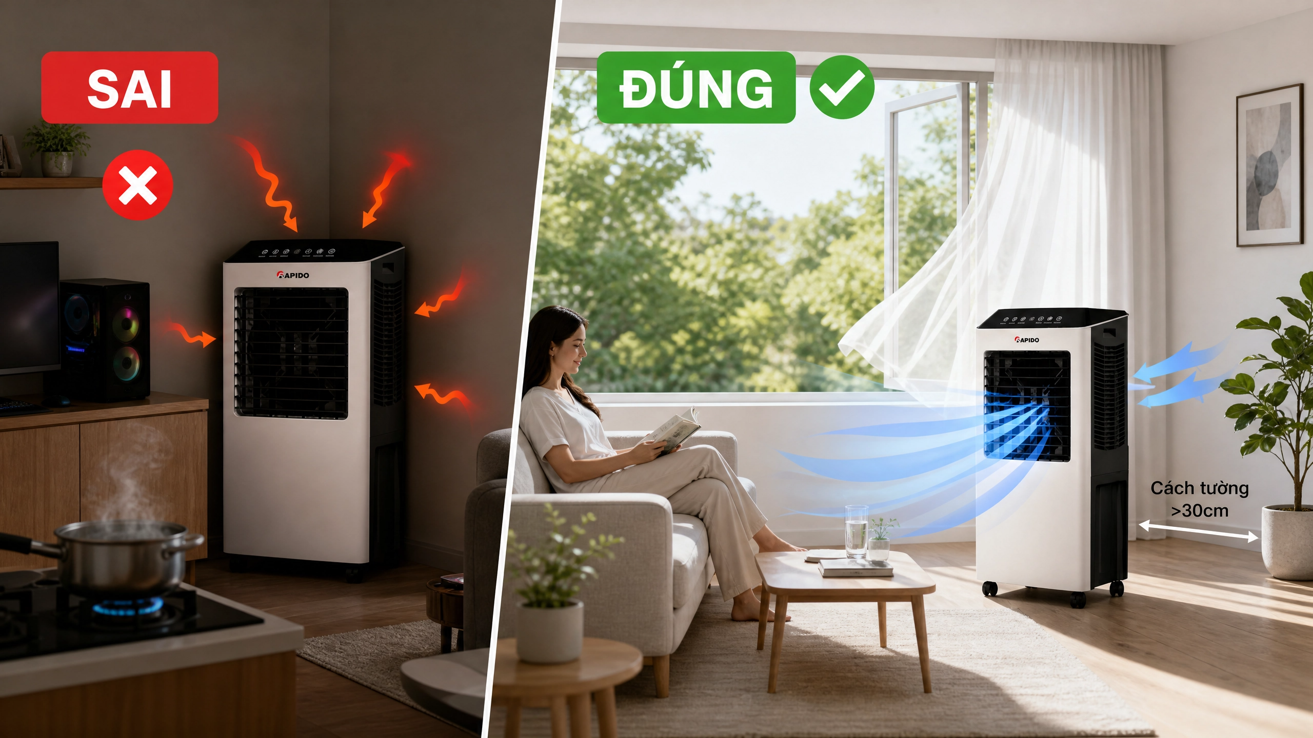 5+ bí quyết sử dụng quạt điều hòa hiệu quả từ chuyên gia 3 vi tri dat quat