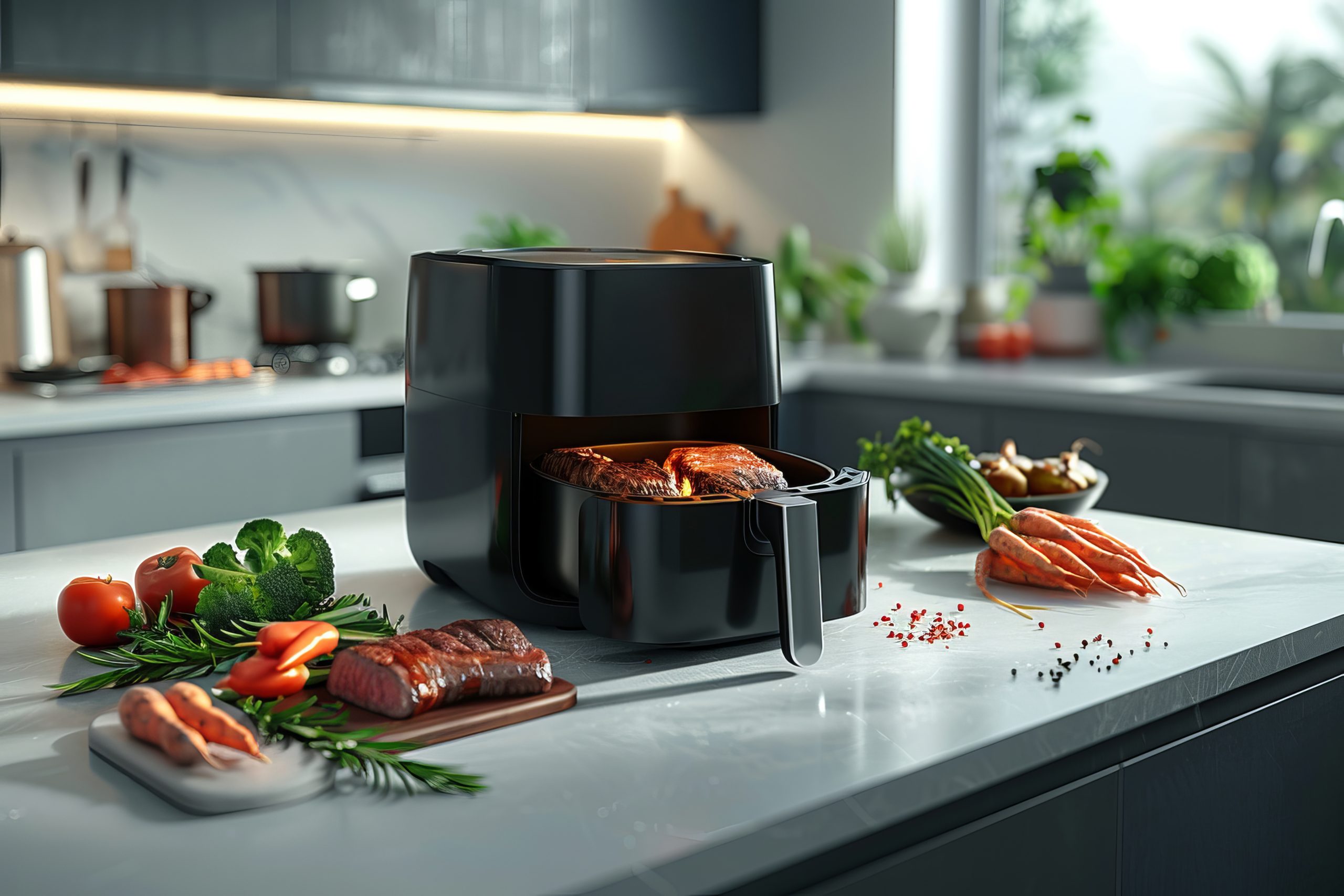 view modern hot air fryer with cooked food scaled