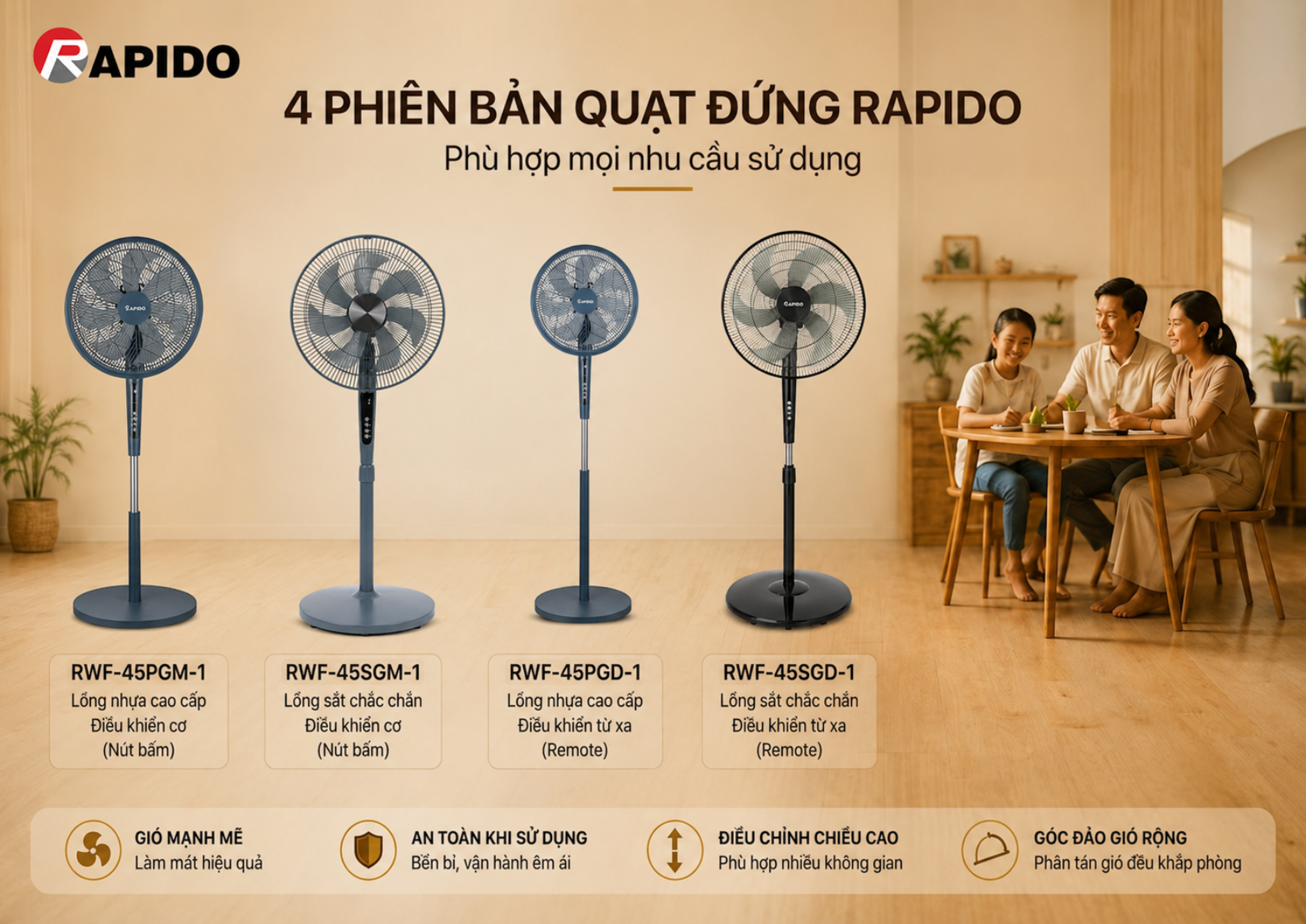 Quạt đứng loại nào tốt? Kinh nghiệm chọn mua thiết bị làm mát bền bỉ và tiết kiệm điện năng 6 4 phiên bản quạt đứng Rapido
