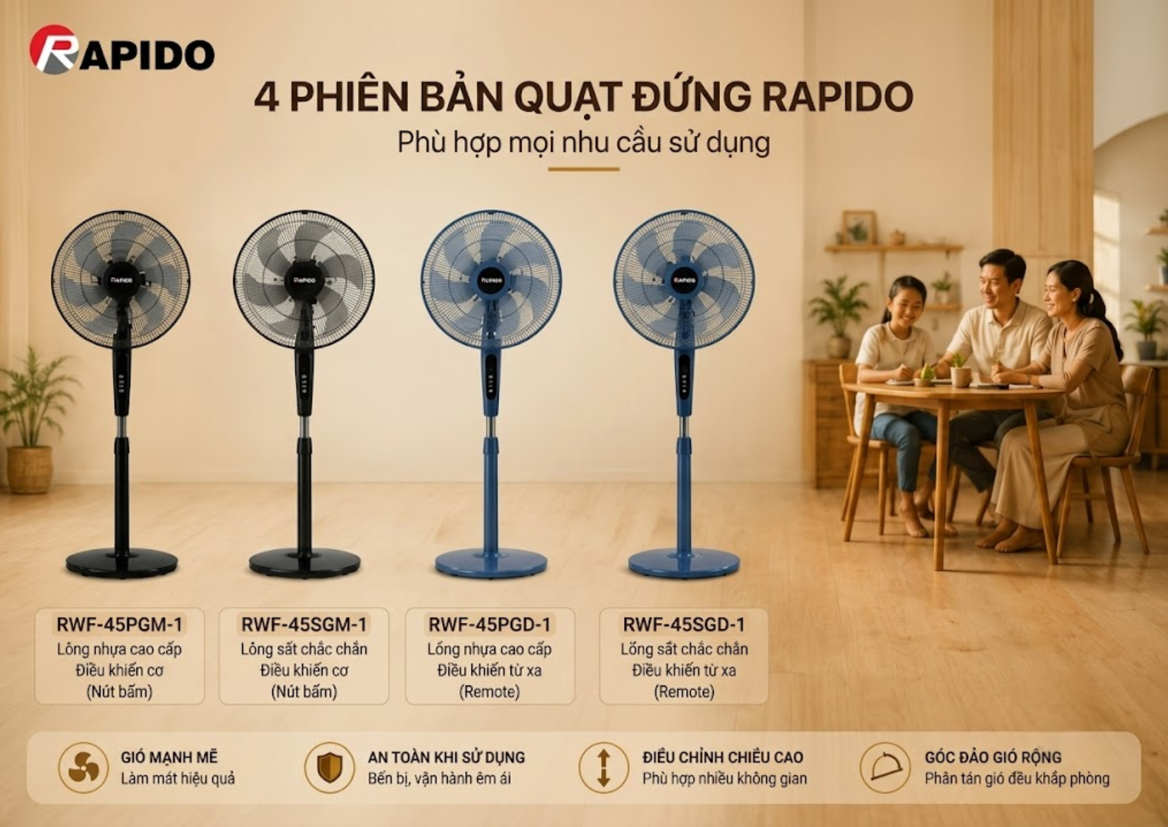 Quạt đứng loại nào tốt? Kinh nghiệm chọn mua thiết bị làm mát bền bỉ và tiết kiệm điện năng 6 4 phiên bản quạt đứng của Rapido